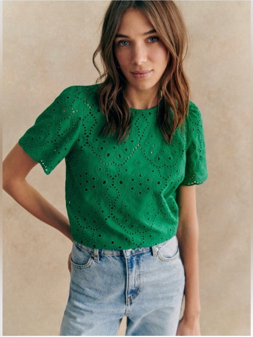 NWOT Sézane Eyelet Short Sleeve Shirt in Green